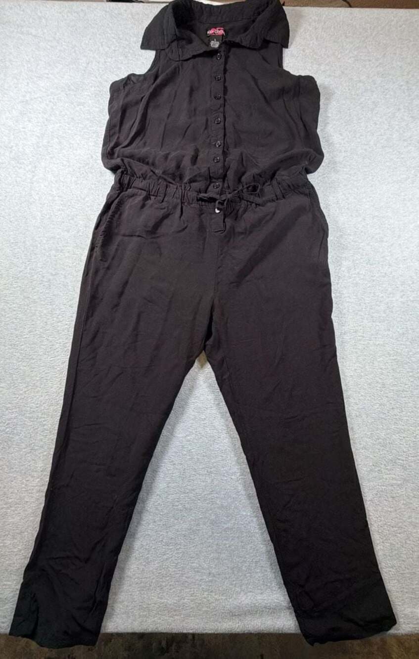 Body Central Women's Sleeveless Button-Front Collared Jumpsuit Drawstring Waist